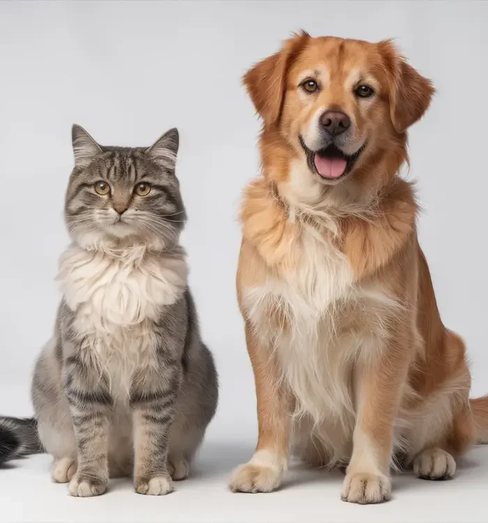 dog and cat cat down posing